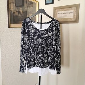 J. Jill Blue Long-Sleeve Floral Layered Tee with White Hem